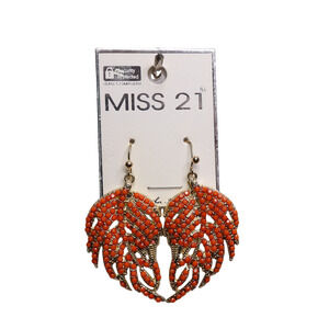 Miss 21 Orange Faux Stone Beaded Leaf Gold Tone Earrings - New On Card